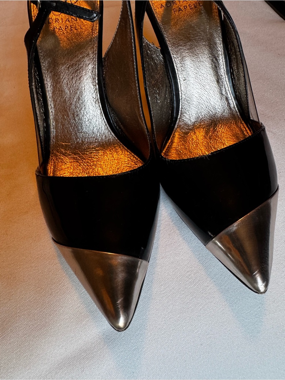 Adrianna Papell Black Leather Slingback Heels with Silver Pointed Cap